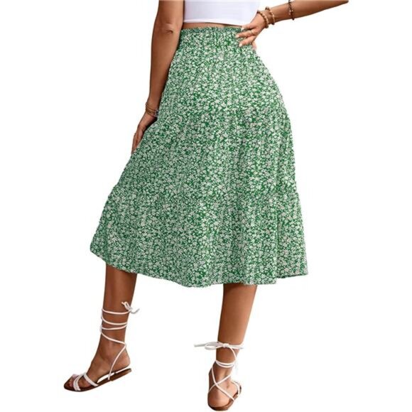 Women's High Elastic Waist Midi Skirt Green - Picture 4 of 6